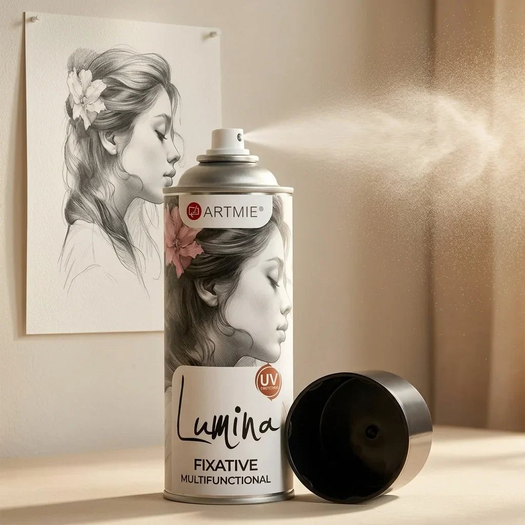 ARTMiE Lumina Fixative Spray with a fine mist in front of a pencil drawing