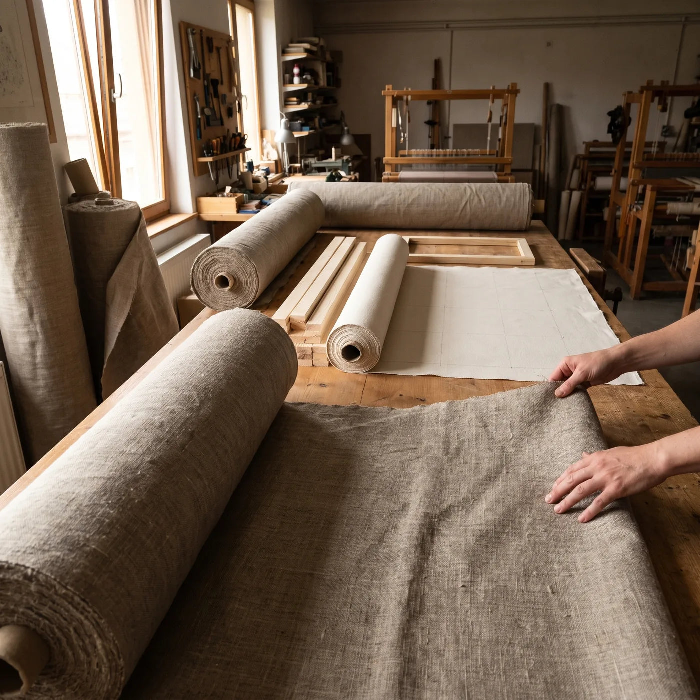 Roll of Raw Linen in the Workshop, Material for MUSEAL Canvases