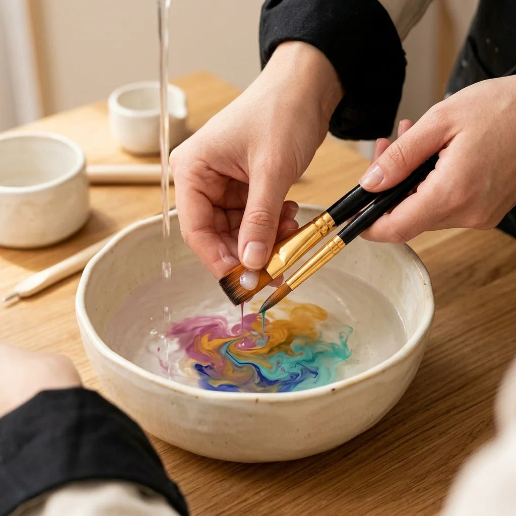 Washing brush bristles in warm water with soap