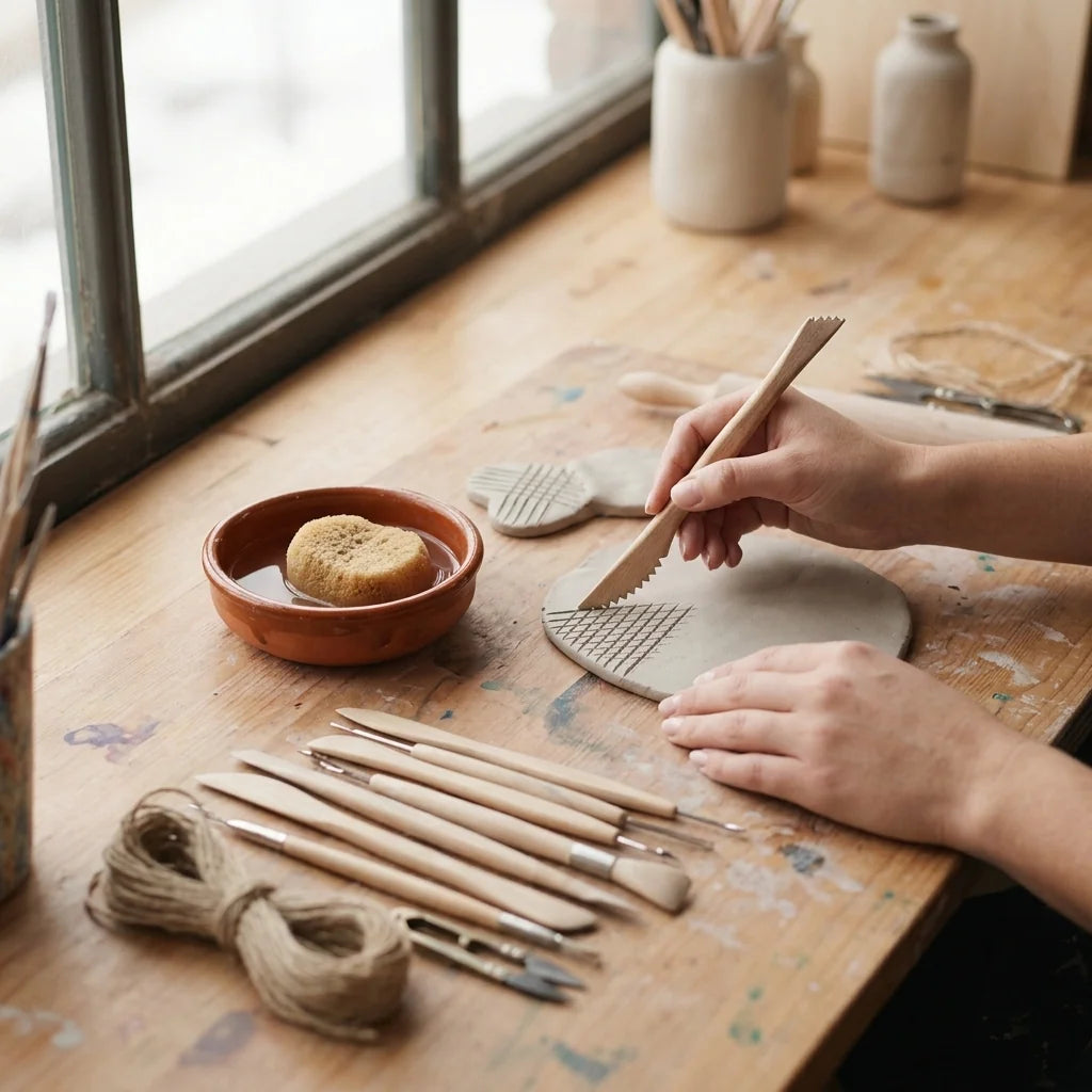Shaping modeling clay — wooden tools and joining pieces by scratching and dampening