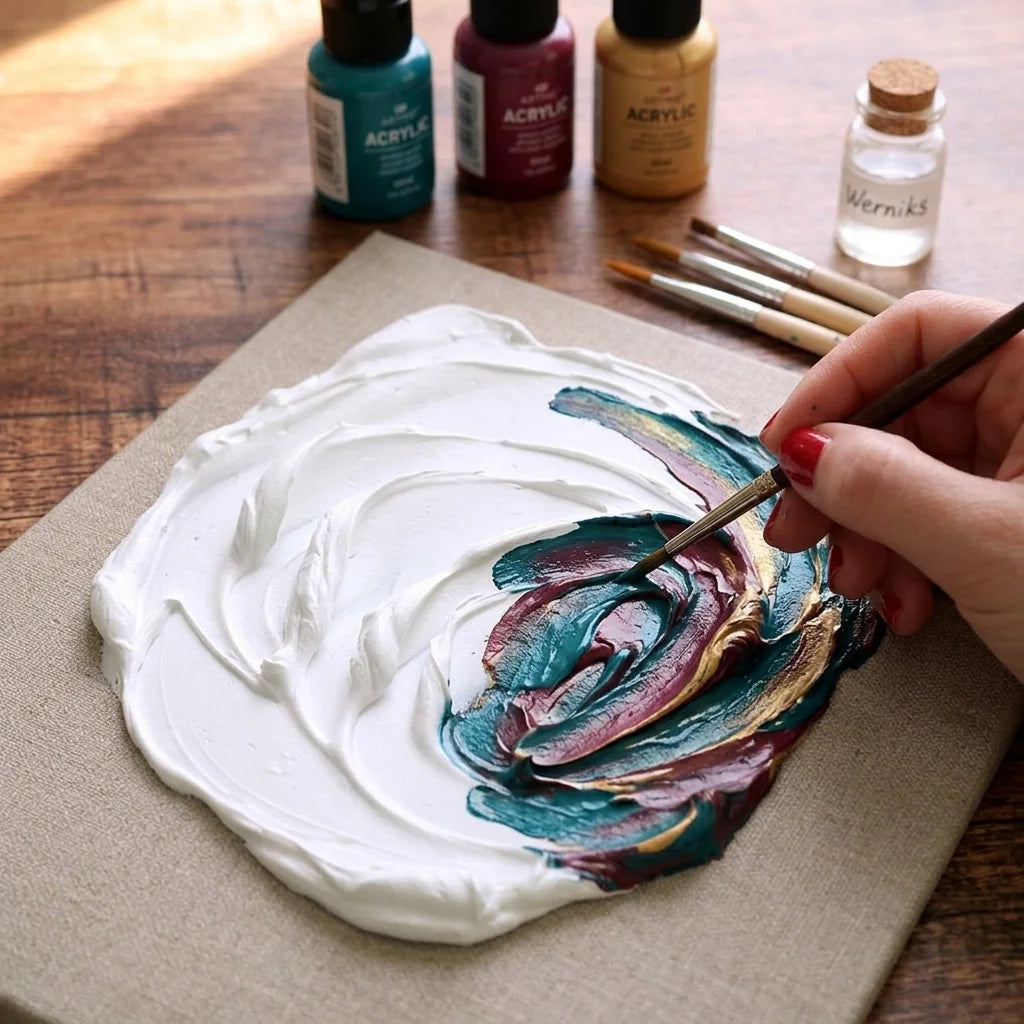 Painting the dry relief with acrylics and sealing it with varnish