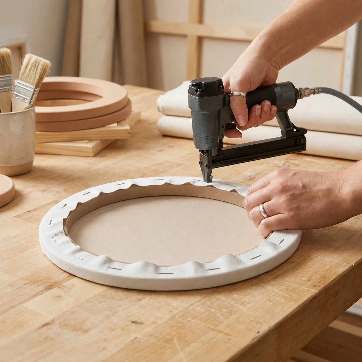 Stretching and stapling a round canvas onto a stretcher frame