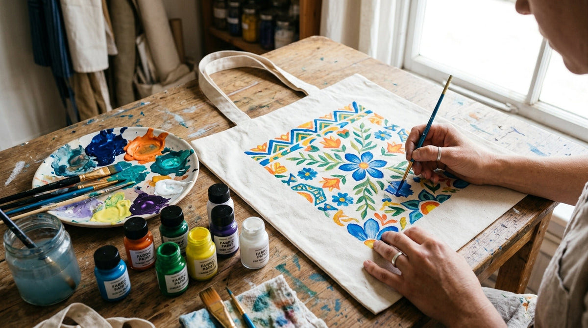 Cotton tote bag painted with fabric paints
