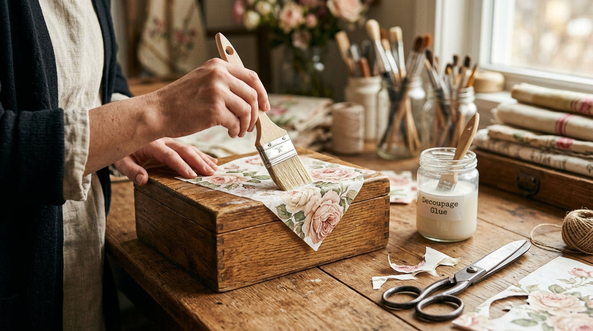 Kreative Decoupage-Technik mit Servietten auf einem Holzobjekt