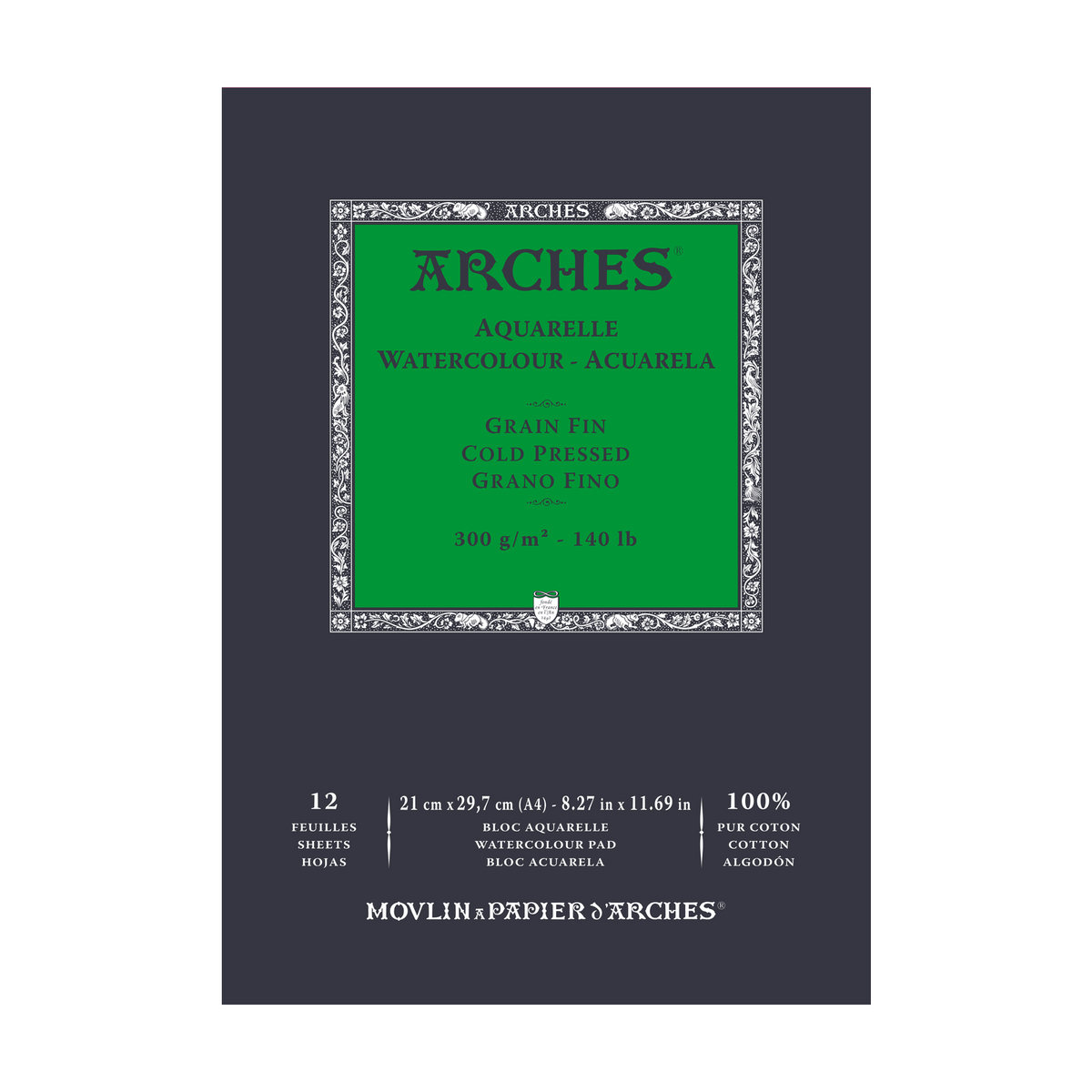 ARCHES Fine-Grain Cold-Pressed Natural White Watercolor Pad, 300 g/m², 12 Sheets (Sizes A5–A3)
