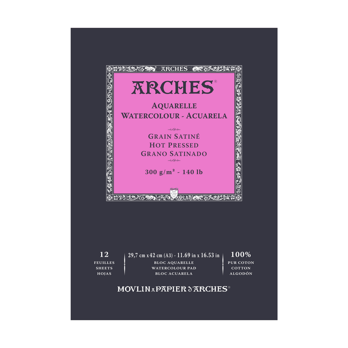ARCHES Watercolor Pad, Smooth HP, Natural White, 300 g/m², A5–A3, 12 Sheets