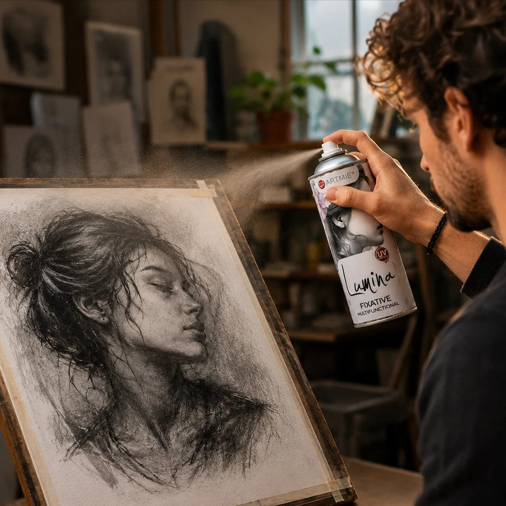 Artist fixing a charcoal drawing with ARTMiE Lumina spray in a studio