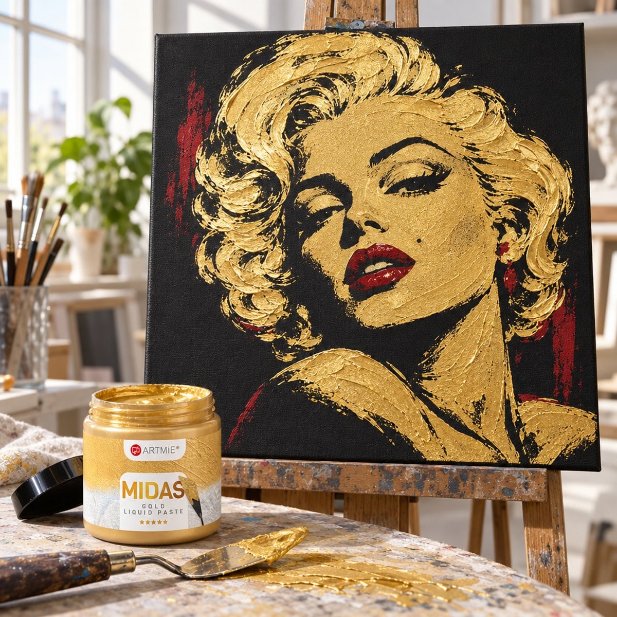 Portrait on black canvas painted with ARTMiE MIDAS gold paste and red paint