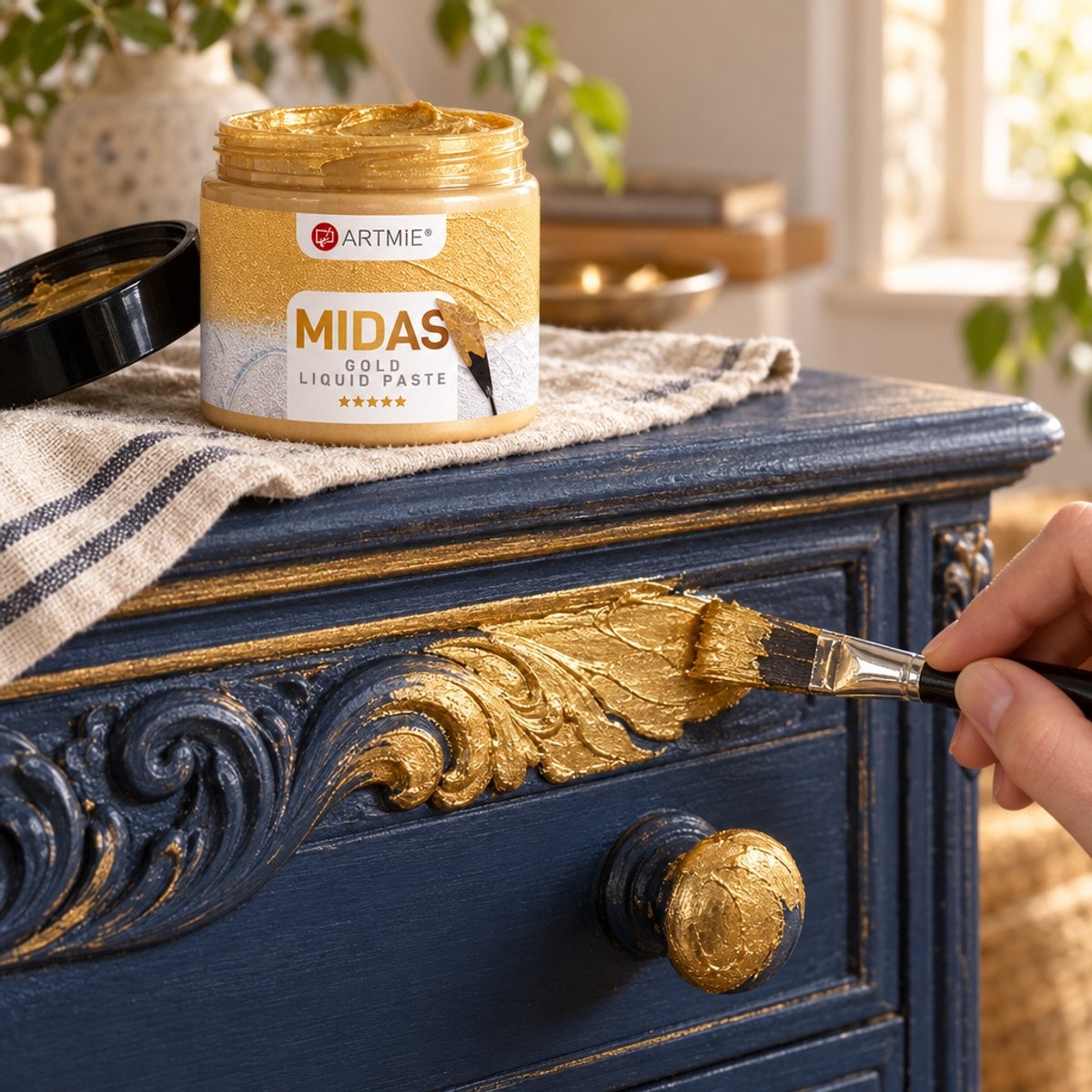 Gilding a carved dresser with a brush using ARTMiE MIDAS gold metallic paste