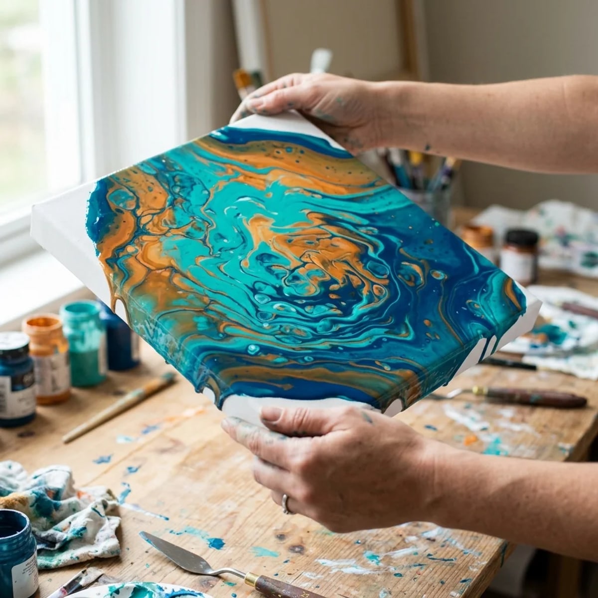 Tilting the canvas to spread paint mixed with pouring medium