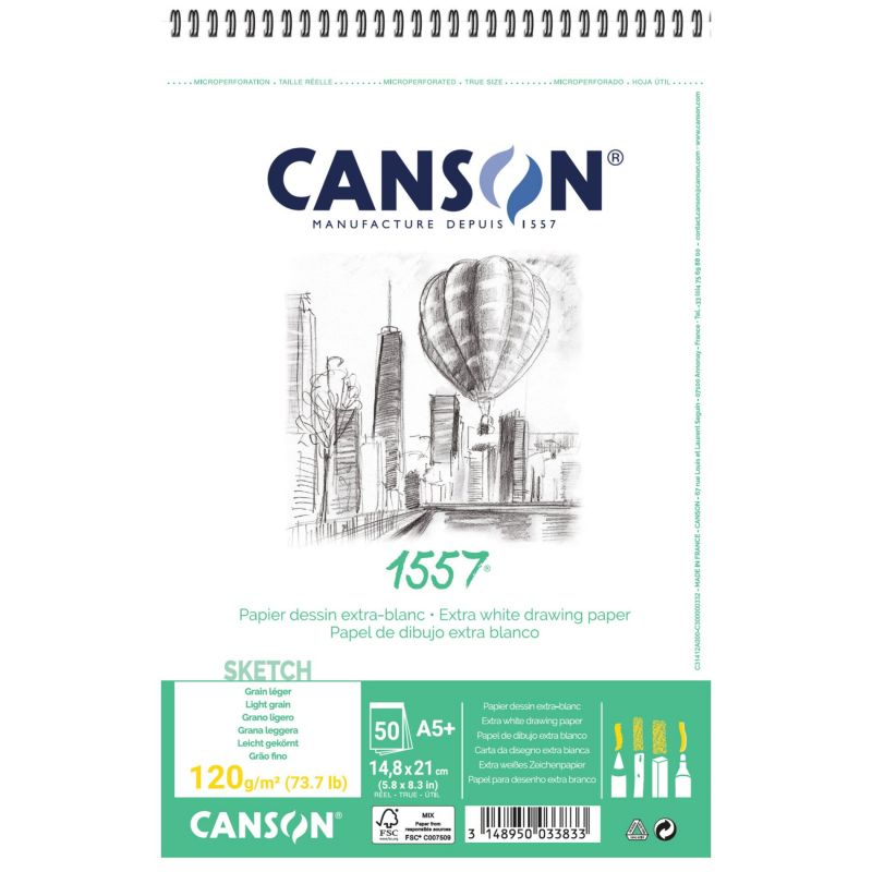 CANSON 1557 Sketch Pad, 120 g/m², A5, 30 Sheets, Spiral Bound