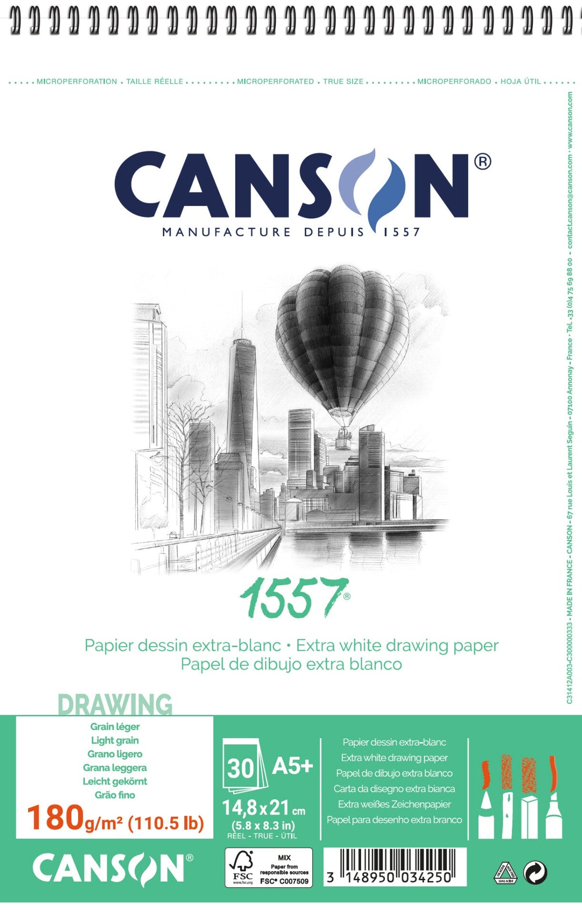 CANSON 1557 Sketch Pad, 180 g/m², A5, 30 Sheets, Spiral Binding