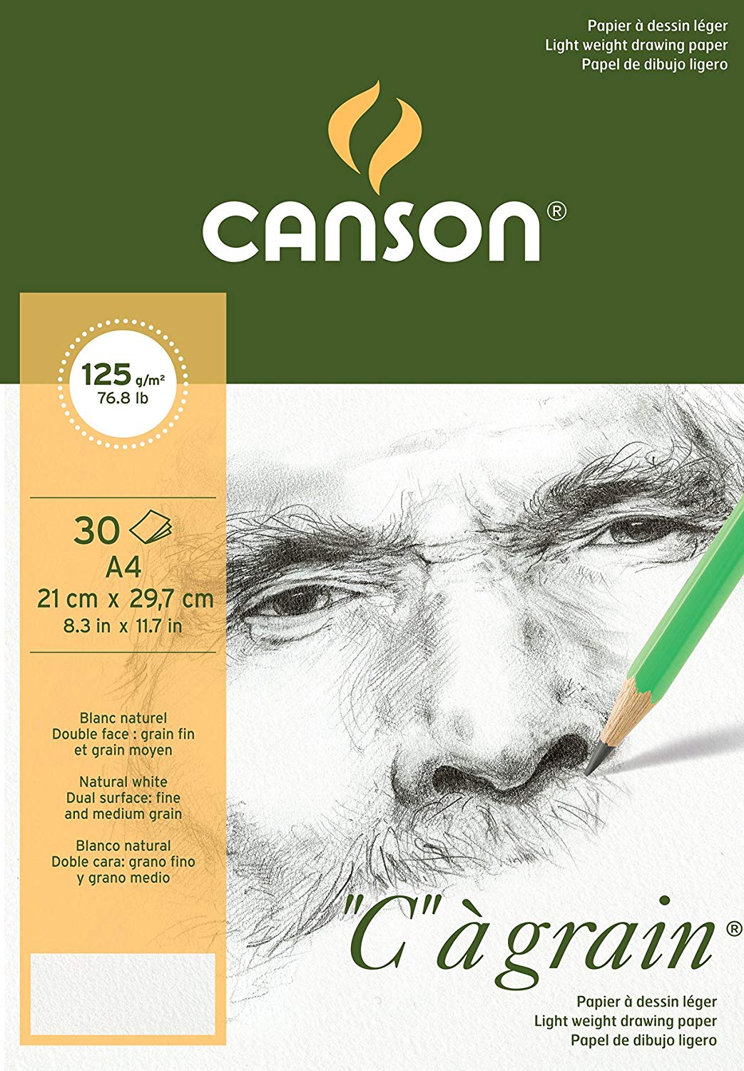 CANSON C a grain Sketchbook, 125 g/m², 30 Sheets, A4, Fine-Grain, Glued