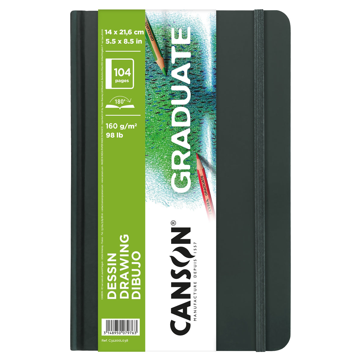 Canson Graduate Art Book Drawing Sketchbook, 160 g/m², 104 Sheets, 14 x 21.6 cm, Hardcover