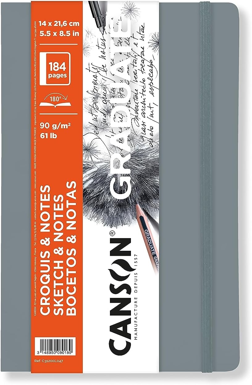 Canson Graduate Art Book Sketchbook, 90 g Softcover, Light Gray – 184 Sheets (14 x 21.6 cm)