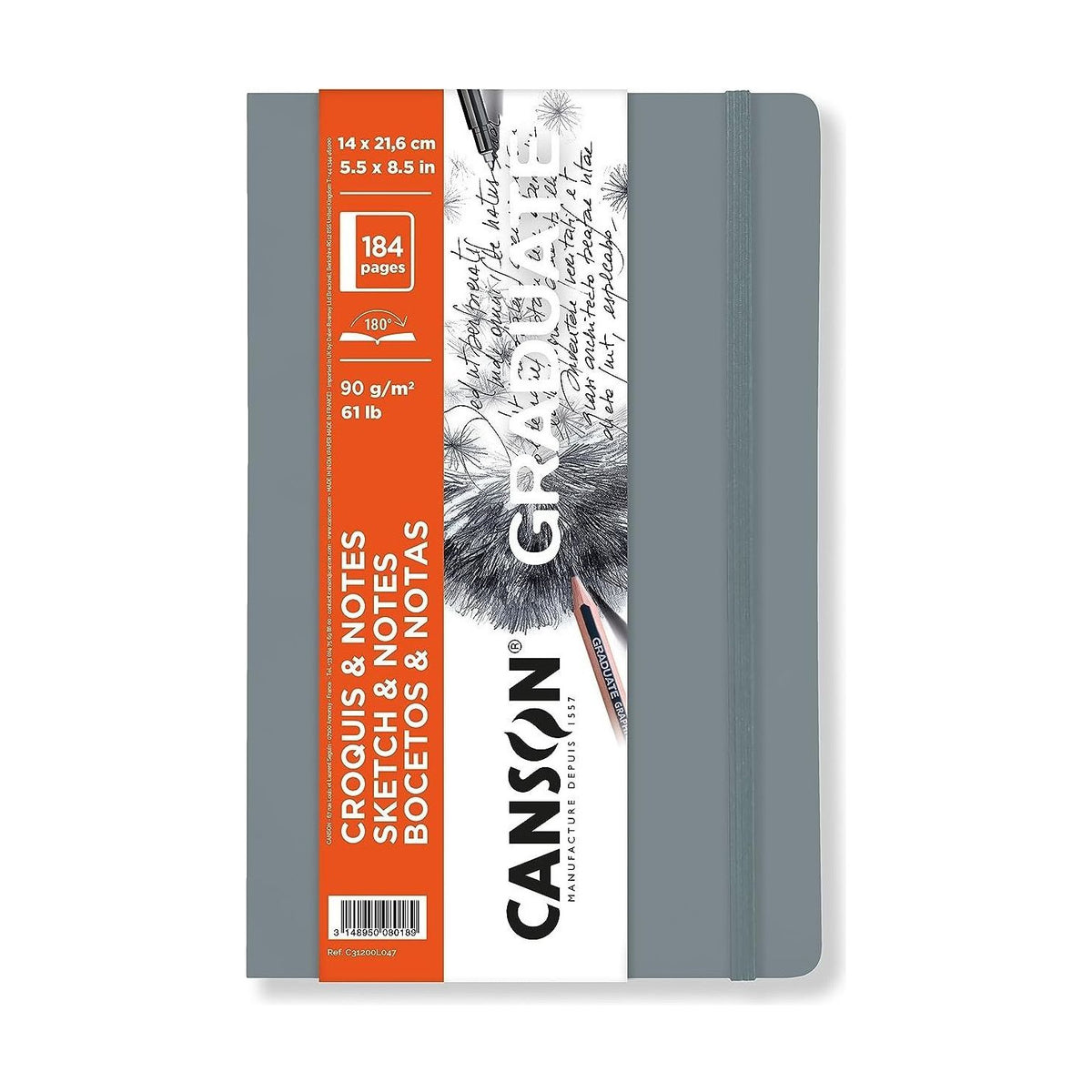 CANSON Graduate Art Book Sketchbook 90 g/m² Grey Soft Cover – 184 Sheets (14 x 21.6 cm)