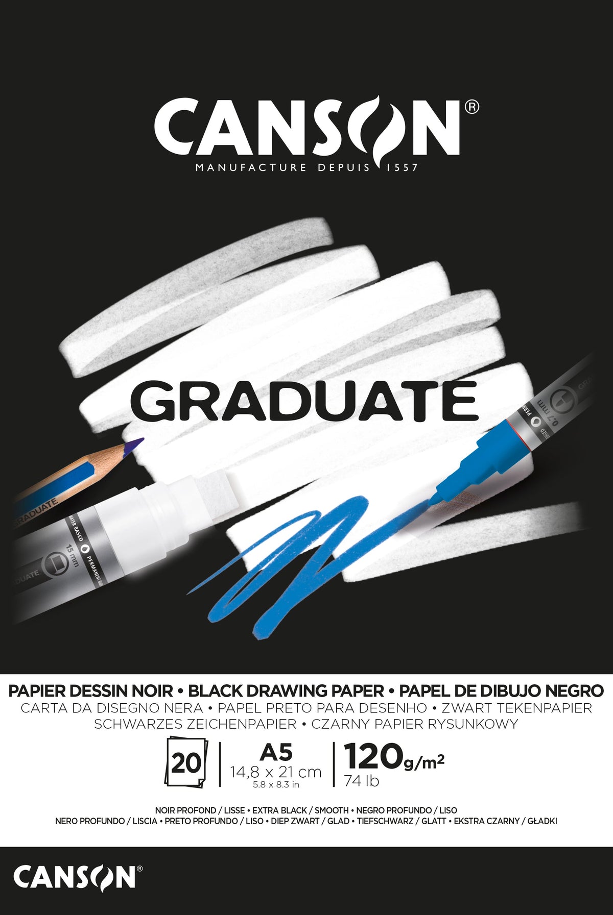 CANSON Graduate Black Sketchbook, 120 g/m², 20 Sheets, A5, Glued