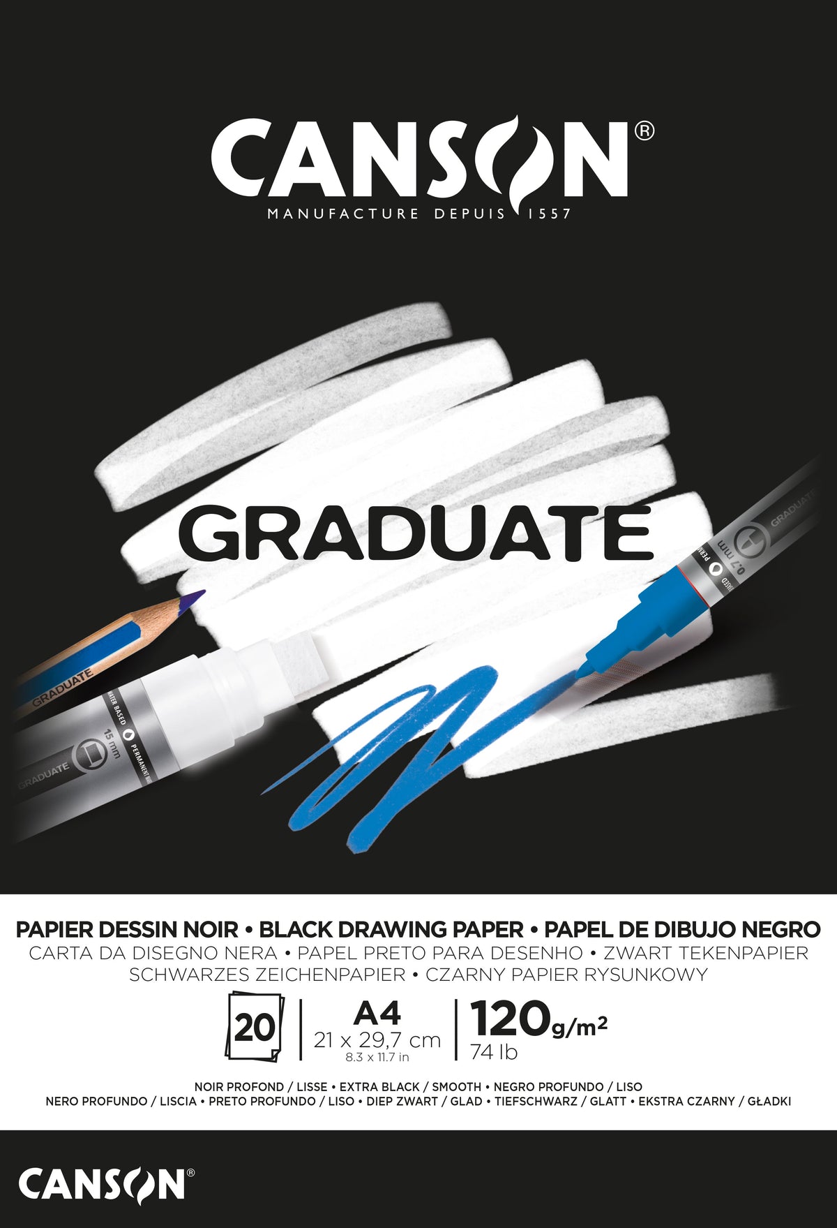 Canson Graduate Black Sketchbook, 120 g/m², A4, Glue-Bound, 20 Sheets
