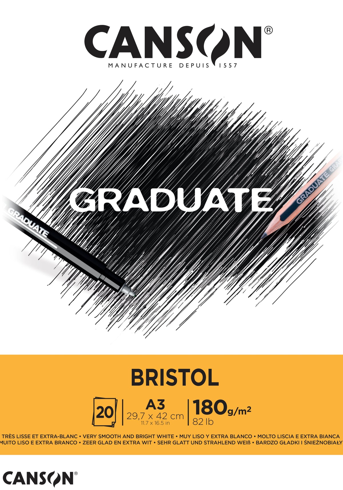 CANSON Graduate Bristol Drawing Pad, 180 g/m², 20 Sheets, A3, Glued