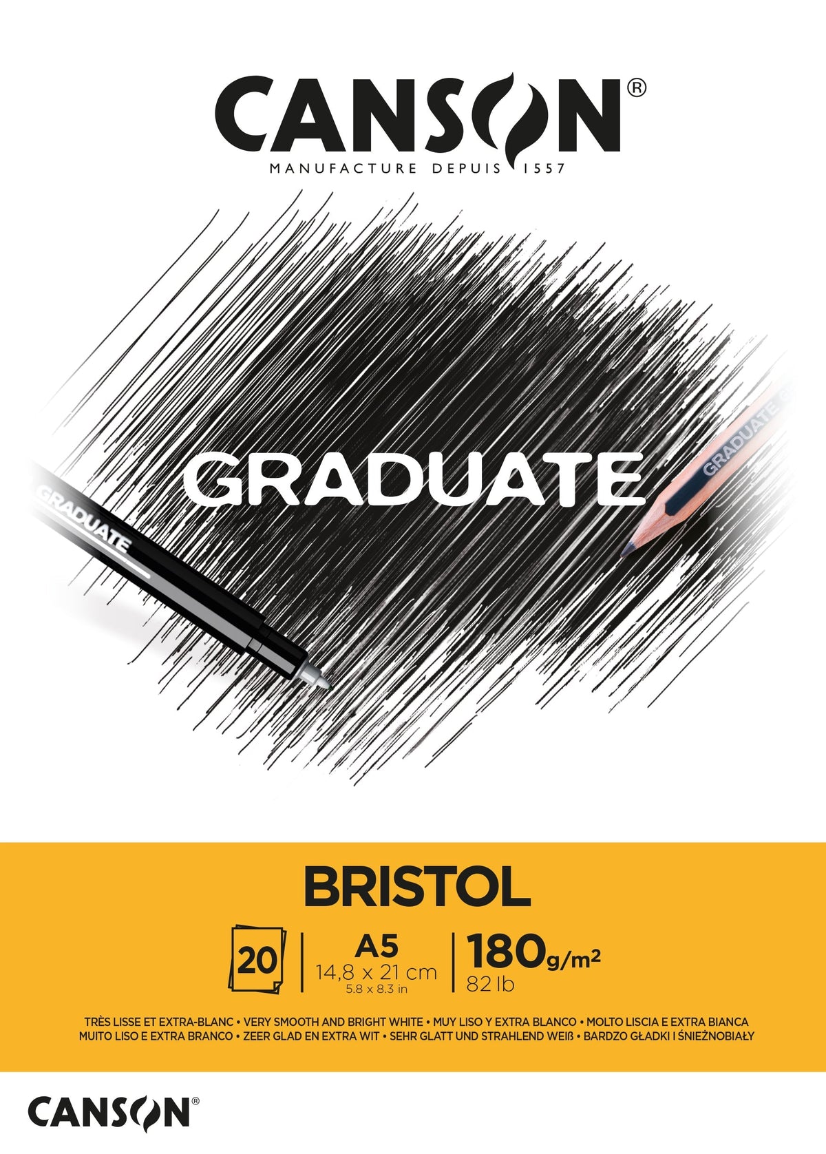 Canson Graduate Bristol Drawing Pad, 180 g/m², 20 Sheets, A5, Glued