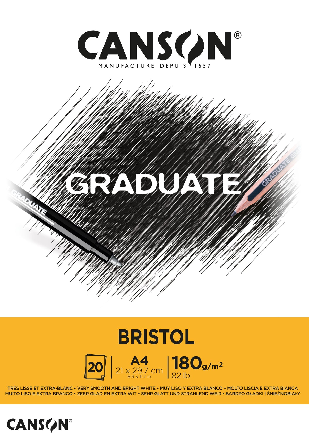 CANSON Graduate Bristol Drawing Pad, 180 g/m², A4, 20 Sheets, Glue-Bound