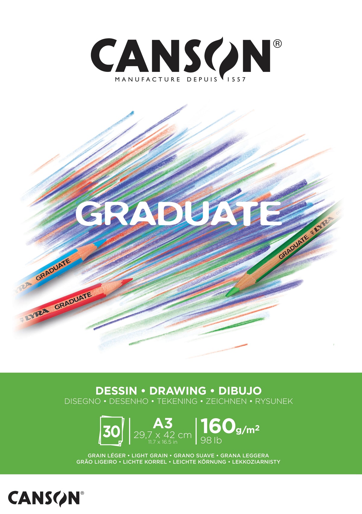 Canson Graduate Drawing White Drawing Pad, 160 g/m², 30 Sheets, A3, Glued