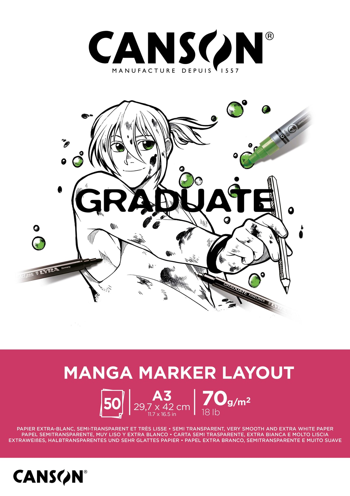 Canson Graduate Marker Pad for Markers, 70 g/m², A3, Glued, 50 Sheets
