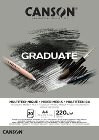 Canson Graduate Mix Media Gray Pad, 220 g/m², 30 Sheets, A4, Glue-Bound