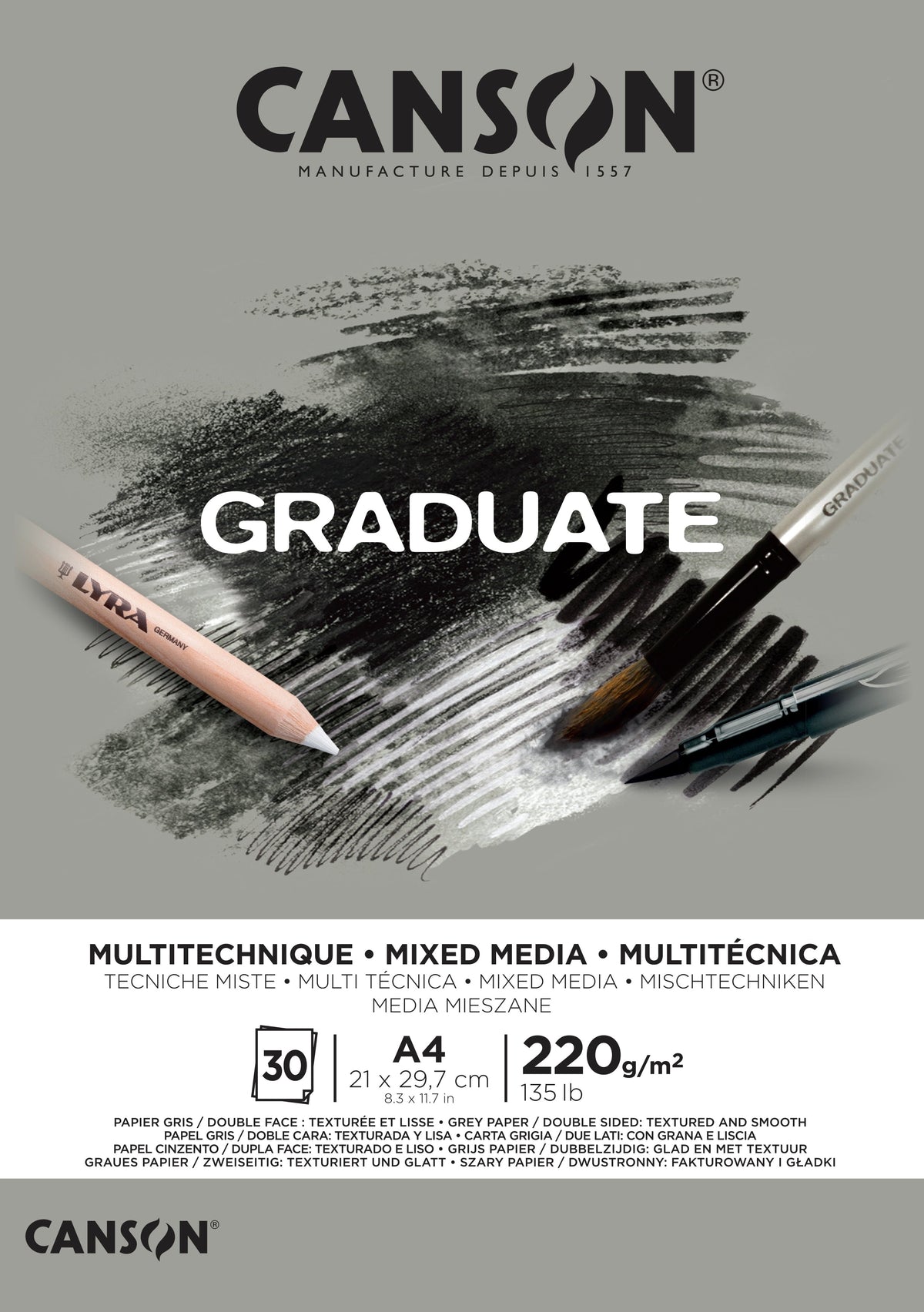 Canson Graduate Mix Media Gray Pad, 220 g/m², 30 Sheets, A4, Glue-Bound