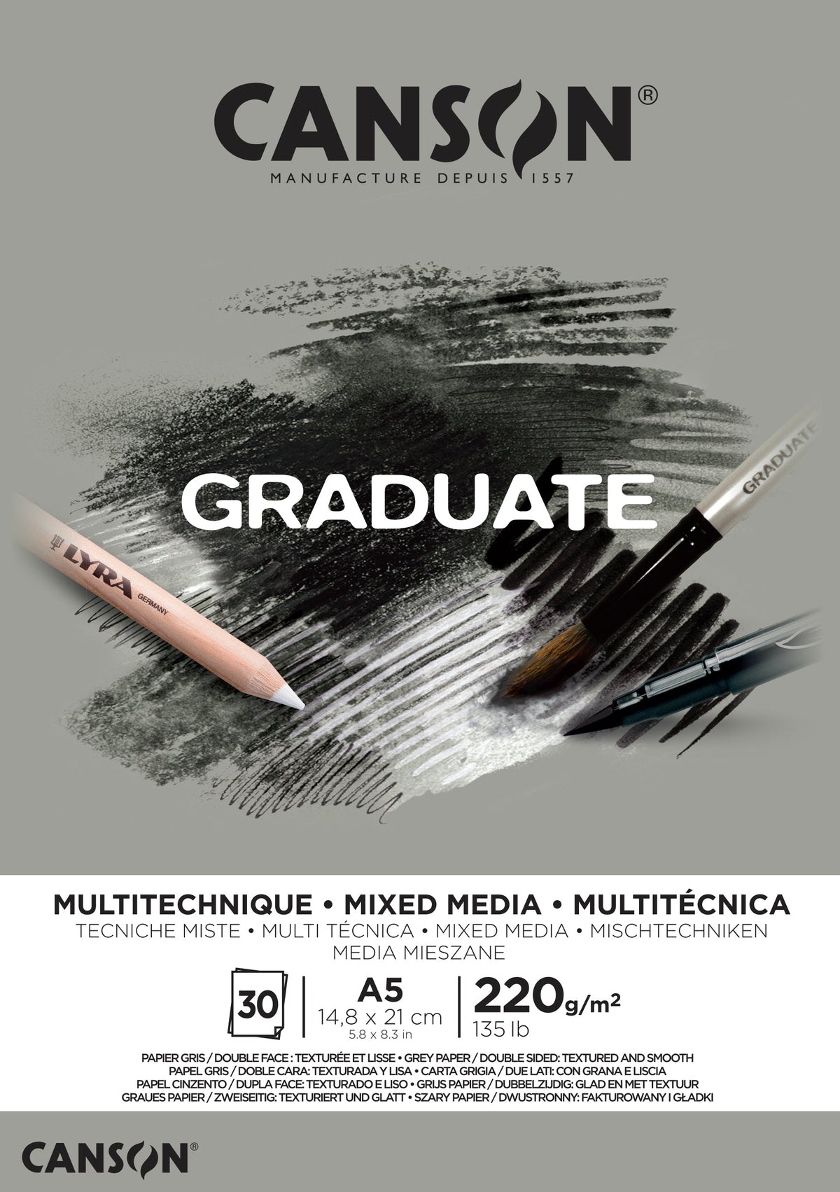 CANSON Graduate Mix Media Gray Pad, 220 g/m², A5, 30 Sheets, Glued