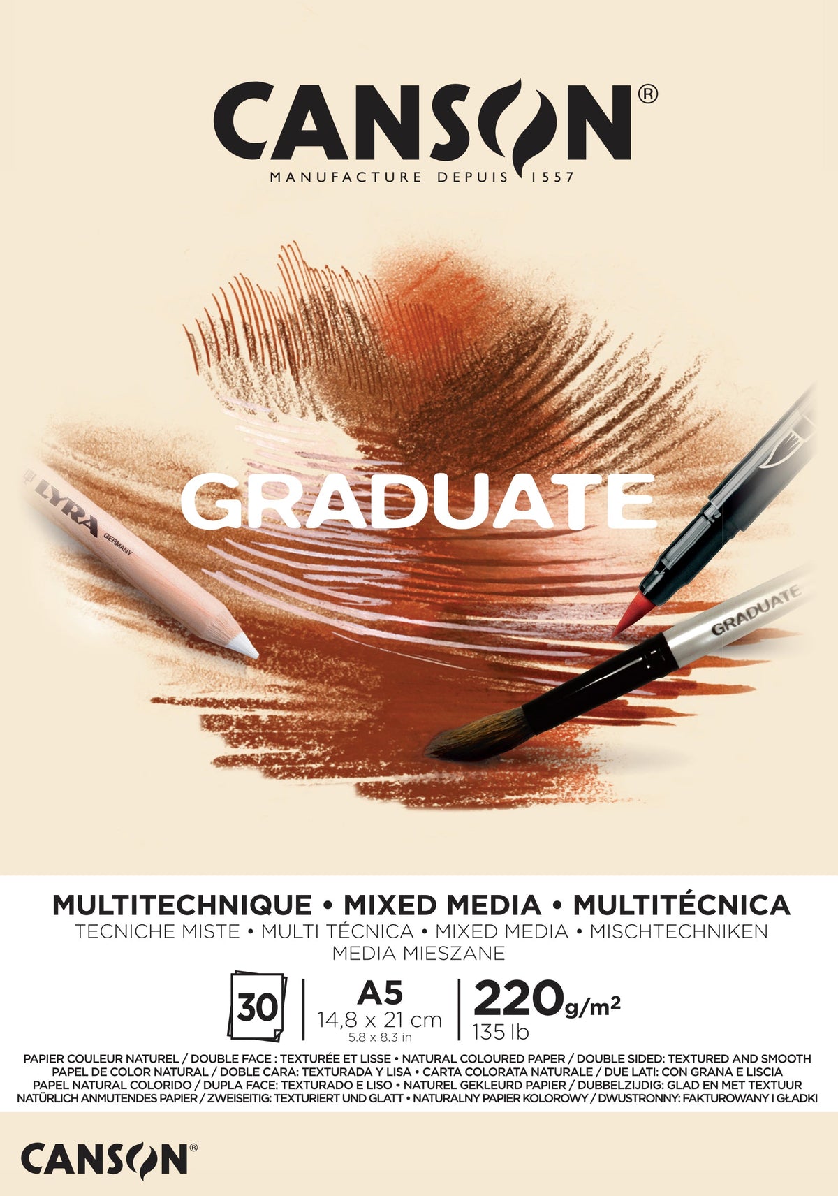Canson Graduate Mix Media Natural Pad, 220 g, 30 Sheets, A5, Glue-Bound