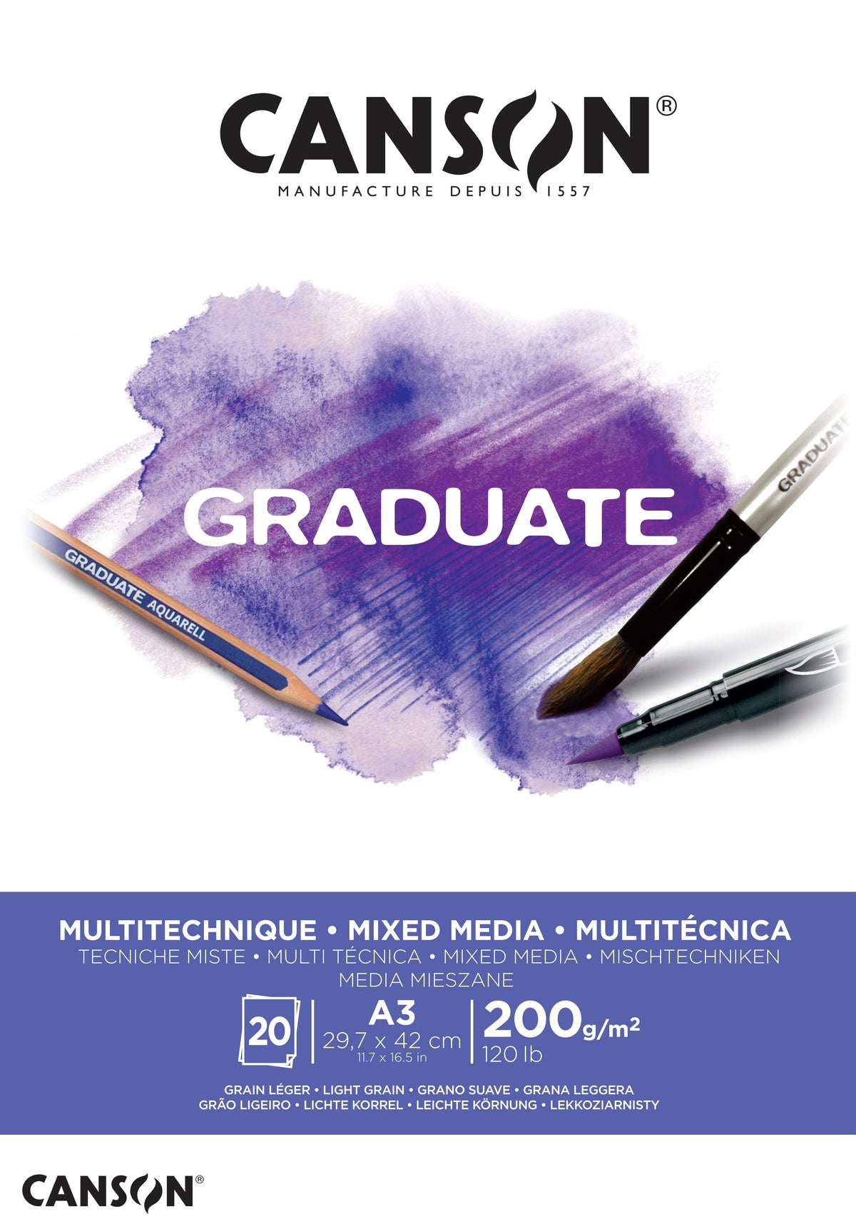 Canson Graduate Mix Media Pad, White, 200 g/m², 20 Sheets, A3, Glued
