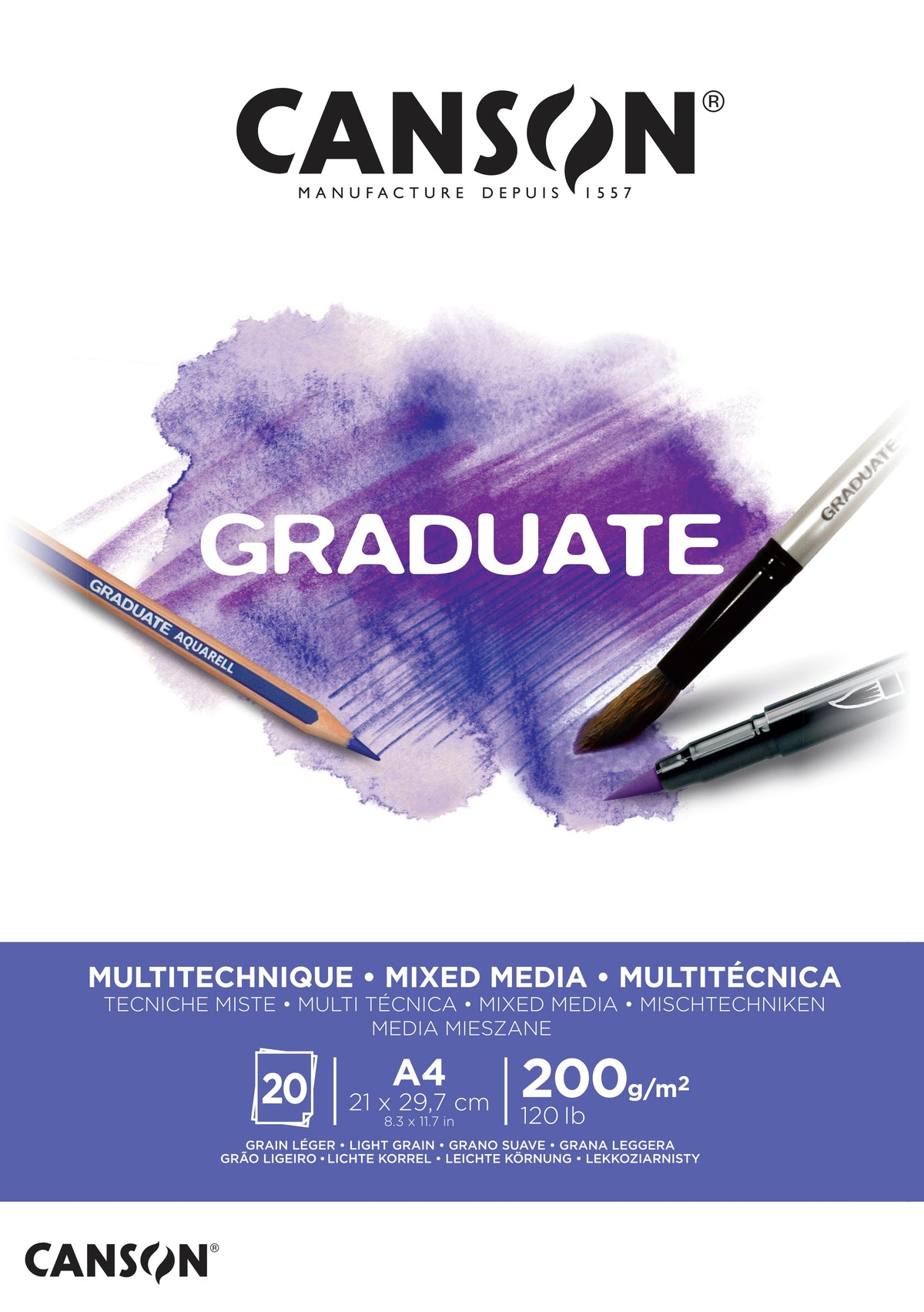 Canson Graduate Mix Media White Pad, 200 g/m², 20 Sheets, A4, Glued