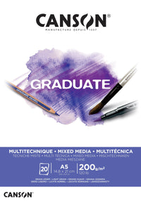 Canson Graduate Mix Media White Pad, 200 g/m², 20 Sheets, A5, Glue-Bound