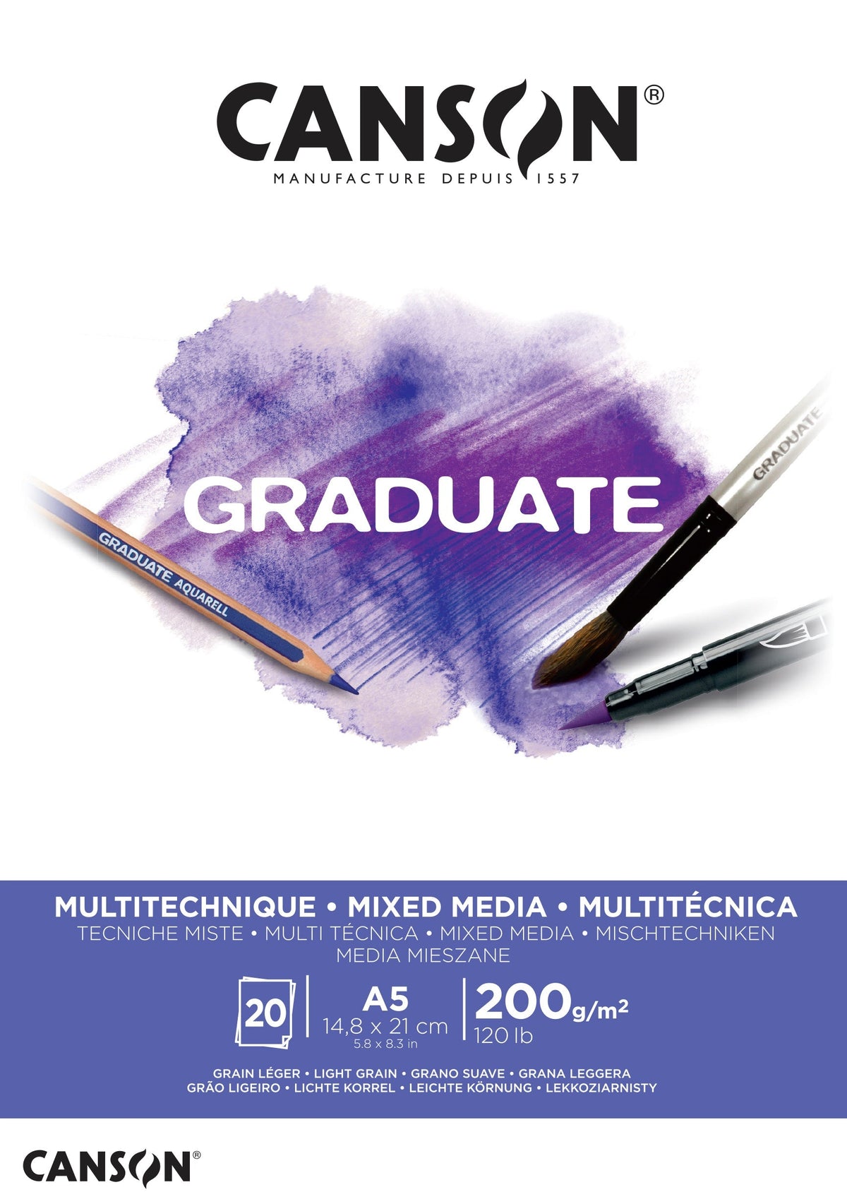 Canson Graduate Mix Media White Pad, 200 g/m², 20 Sheets, A5, Glue-Bound