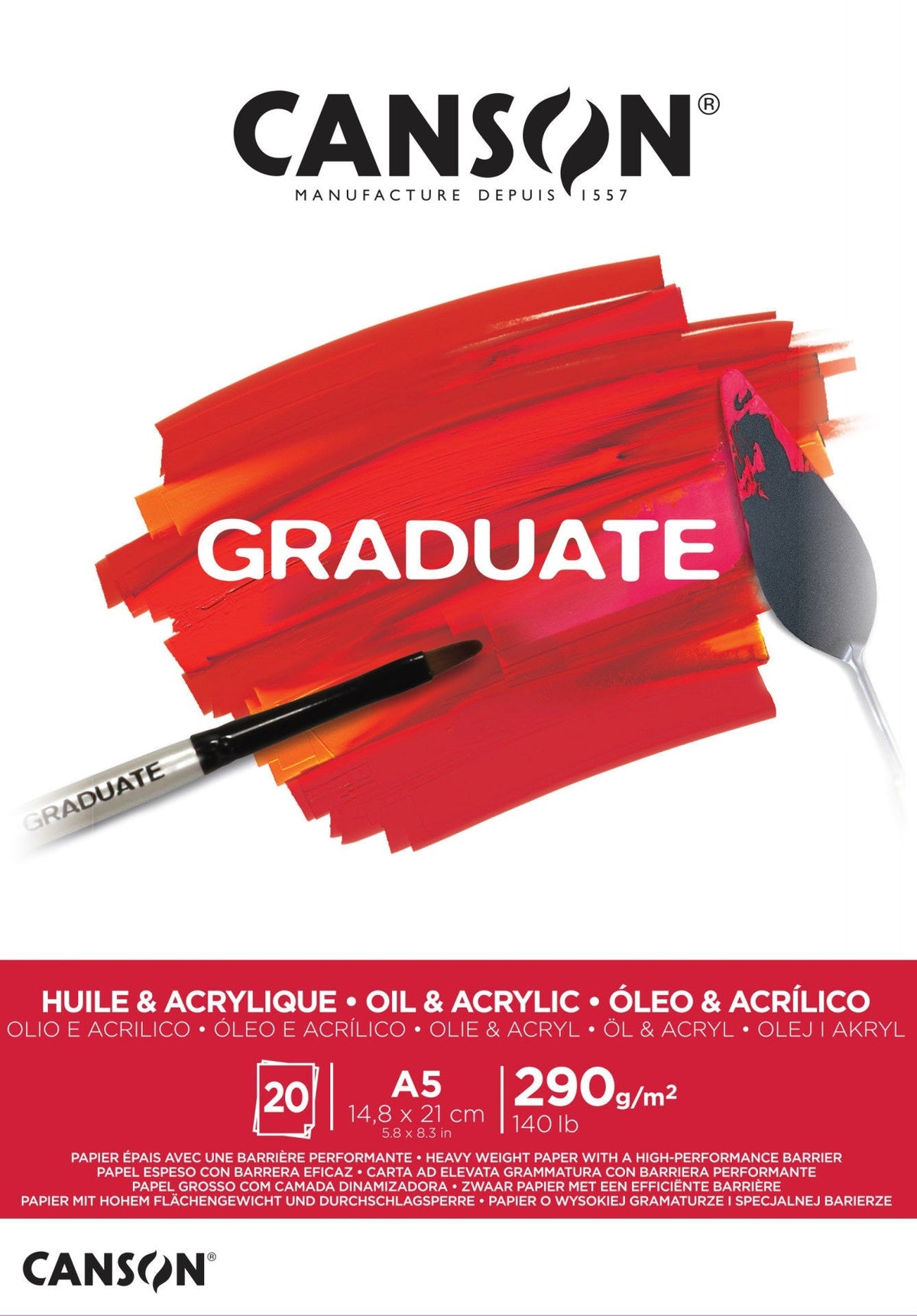 Canson Graduate Oil and Acrylic Pad, 290 g/m², 20 Sheets, A5, Glued