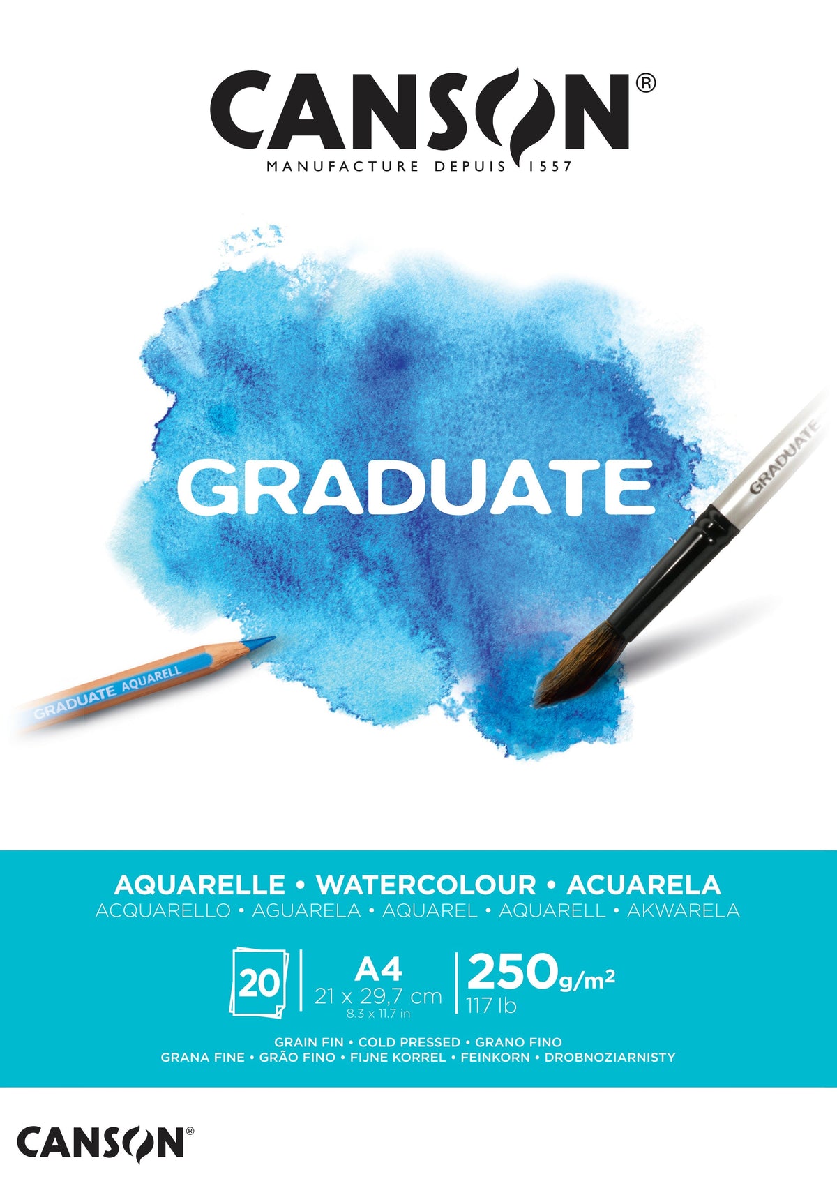 CANSON Graduate Watercolor Pad CP 250 g, 20 Sheets, A4, Glued