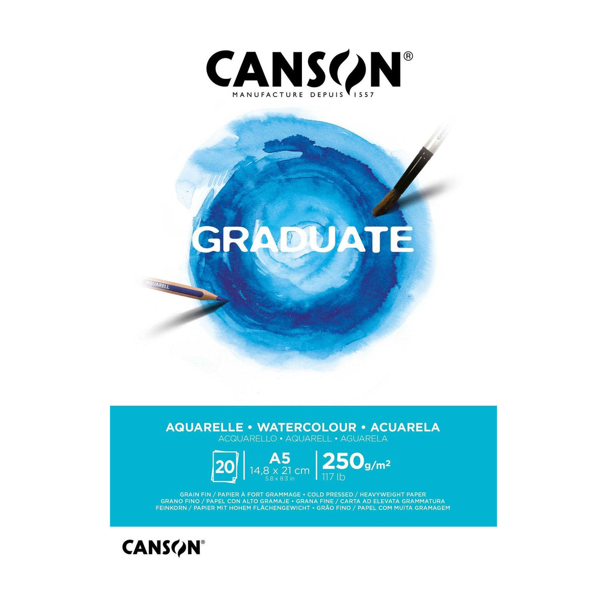 CANSON Graduate Watercolor Pad CP 250 g - 20 Sheets, A5 Glued