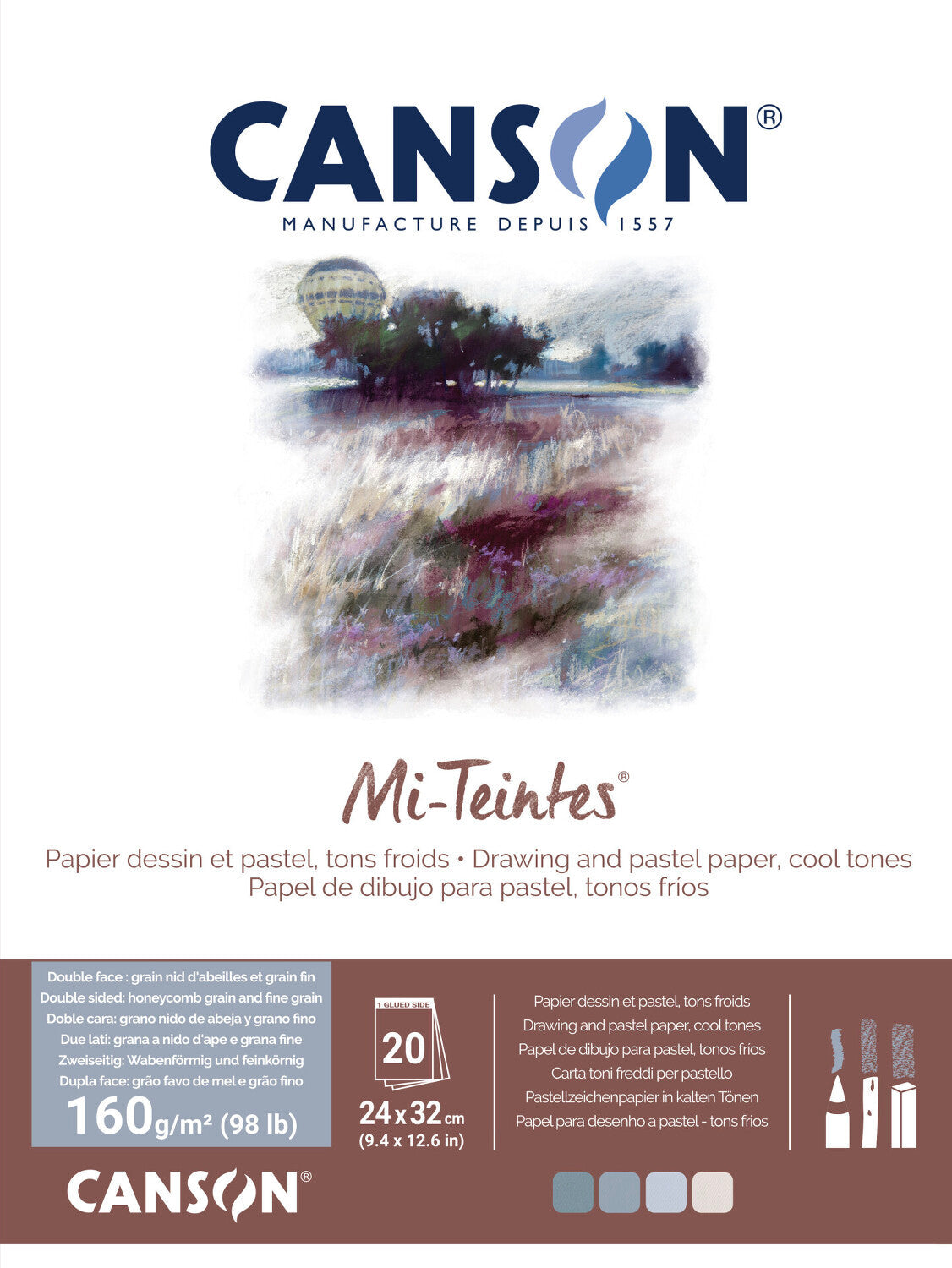 CANSON Mi-Teintes Glued Pastel Pad, 160 g/m², 20 Sheets – 24 x 32 cm, Gray/Blue