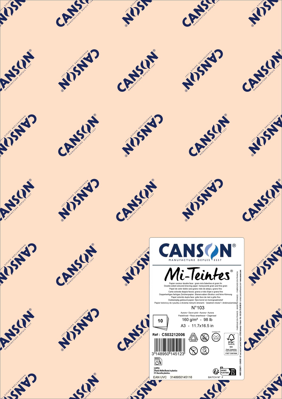 Canson Mi-Teintes Pastel Paper A3 160 g, Set of 10 Sheets – Dawn Pink 103