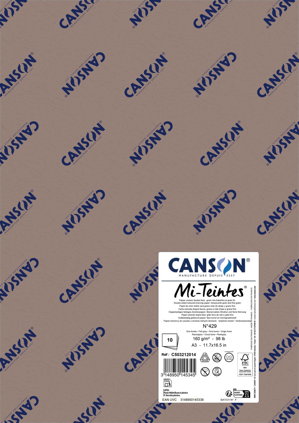 Canson Mi-Teintes Pastel Paper A3 160 g, Set of 10 Sheets – Felt Gray 429