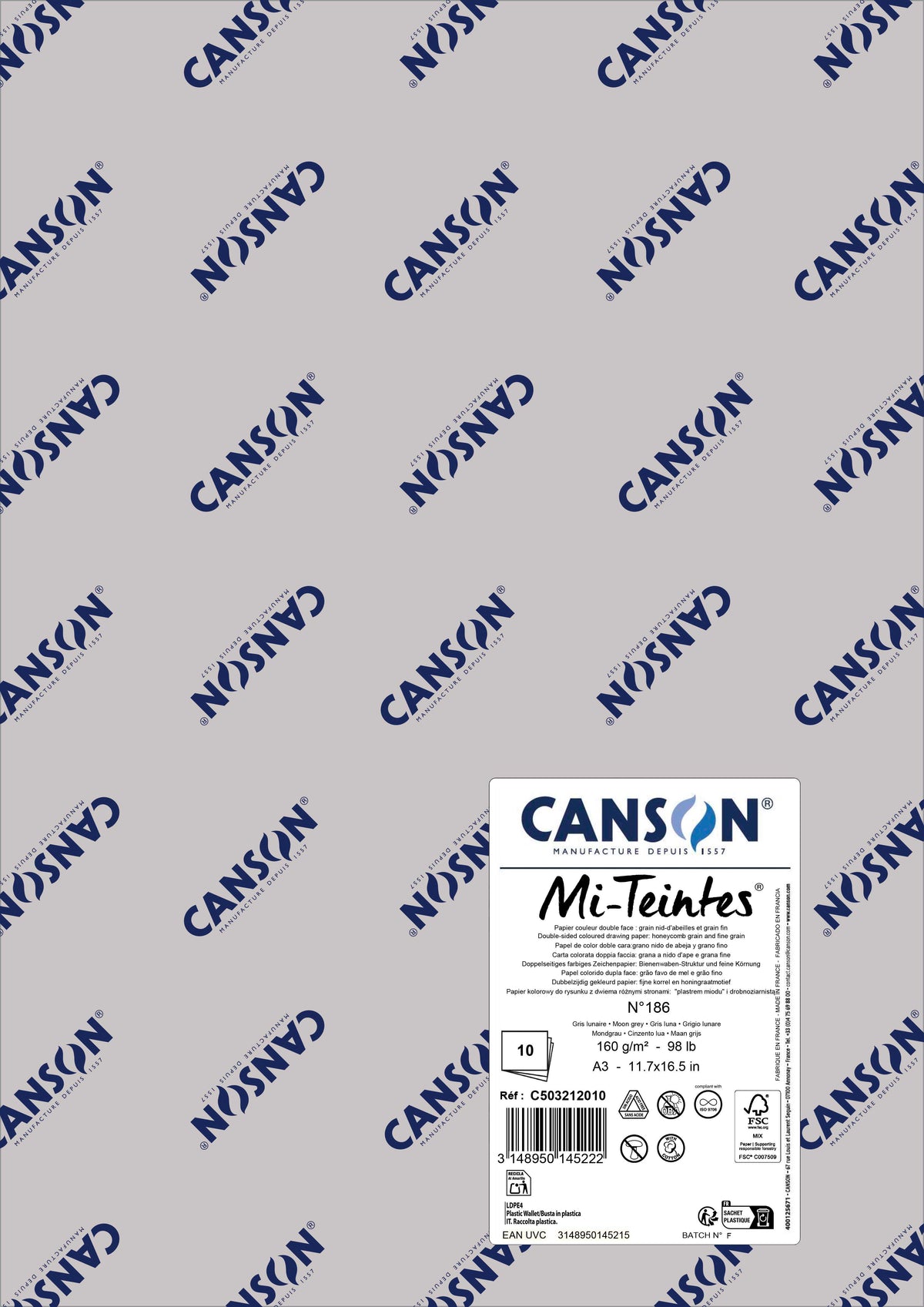 Canson Mi-Teintes Pastel Paper A3 160 g, Set of 10 Sheets – Moon Gray 186