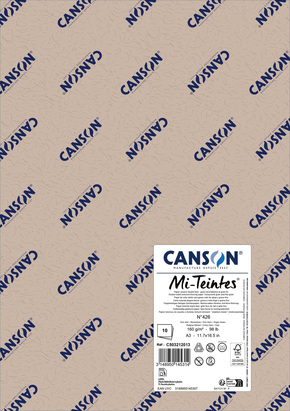 Canson Mi-Teintes Pastel Paper A3 160 g, Set of 10 Sheets – Moonstone 426