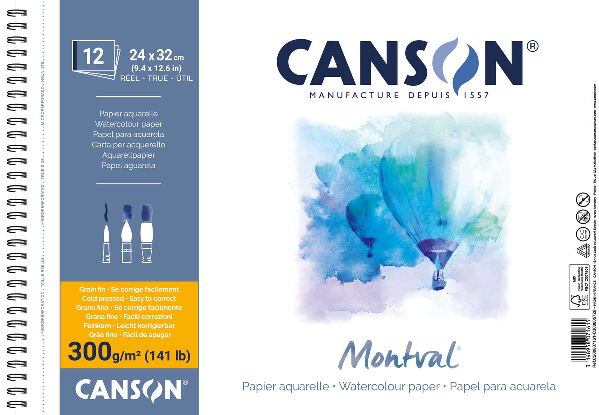CANSON Montval CP Watercolor Pad 300 g/m², 12 Sheets, 24 x 32 cm, Spiral-Bound