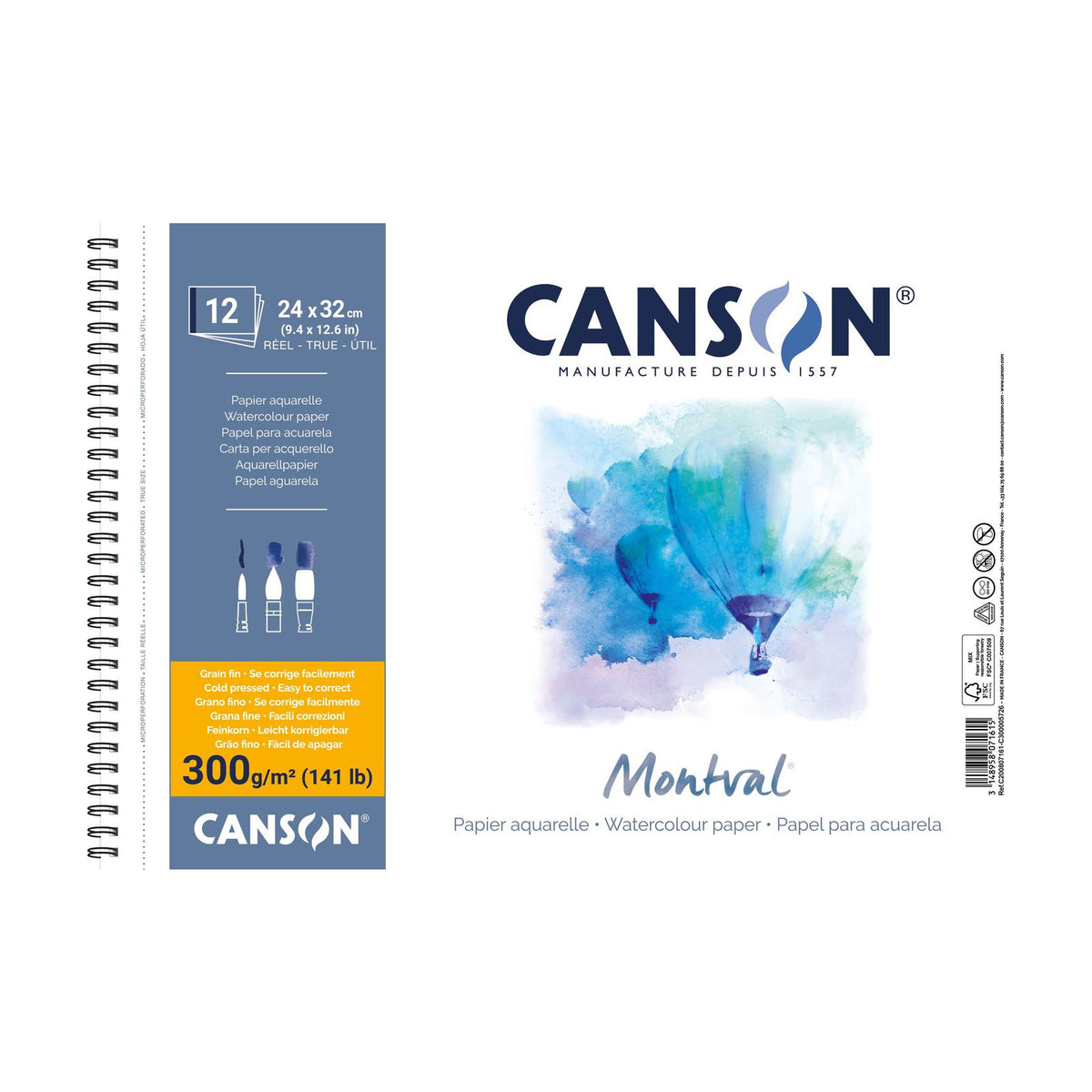 CANSON Montval Watercolor Pad 300 g/m² 24 x 32 cm – 12 Sheets, Spiral Bound
