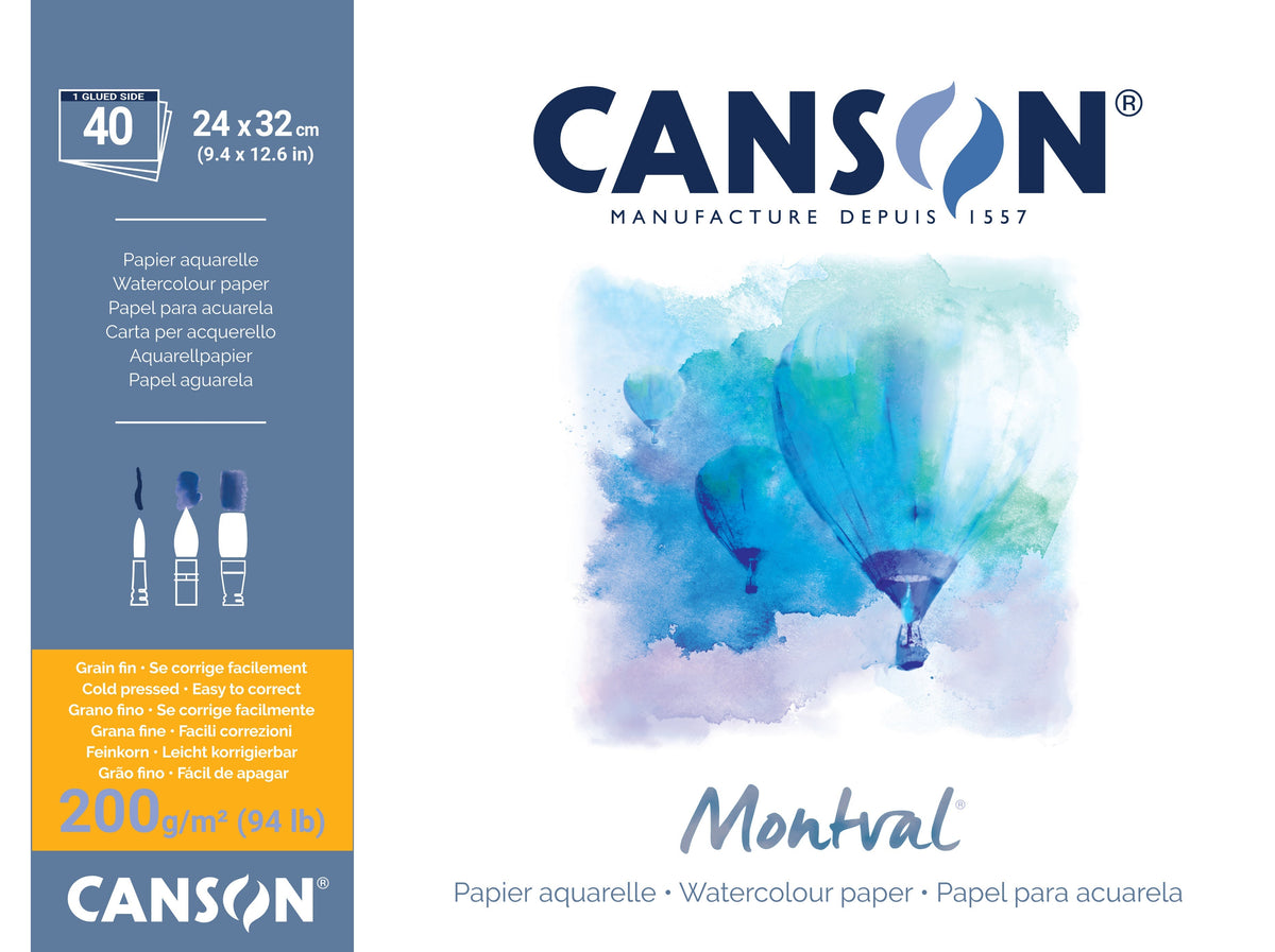 CANSON Montval CP 200 g Watercolor Pad, 40 Sheets, 24 x 32 cm, Glued