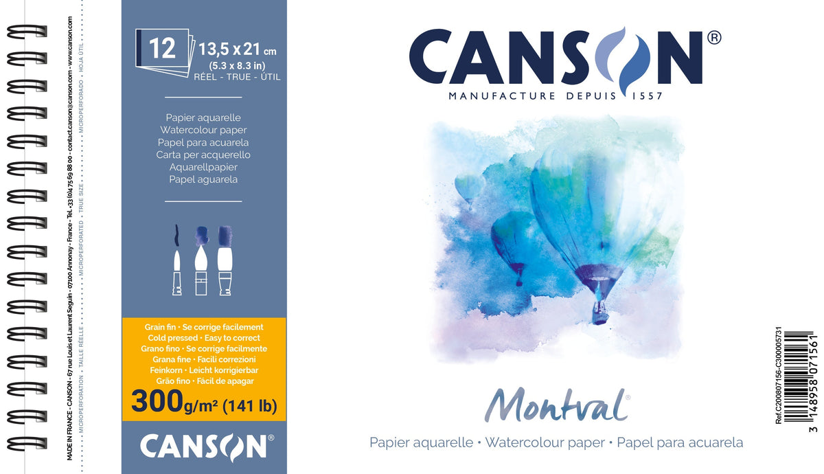 Canson Montval Watercolor Pad, CP, 300 g/m², 12 Sheets, 13.5 x 21 cm, Spiral-Bound