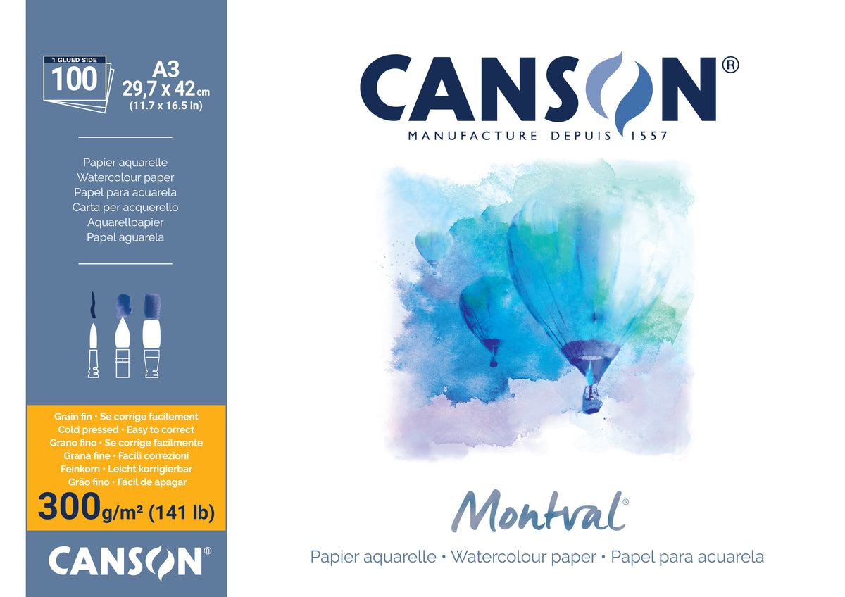 CANSON Montval CP 300 g/m² Watercolor Pad – 100 Sheets, A3, Glued