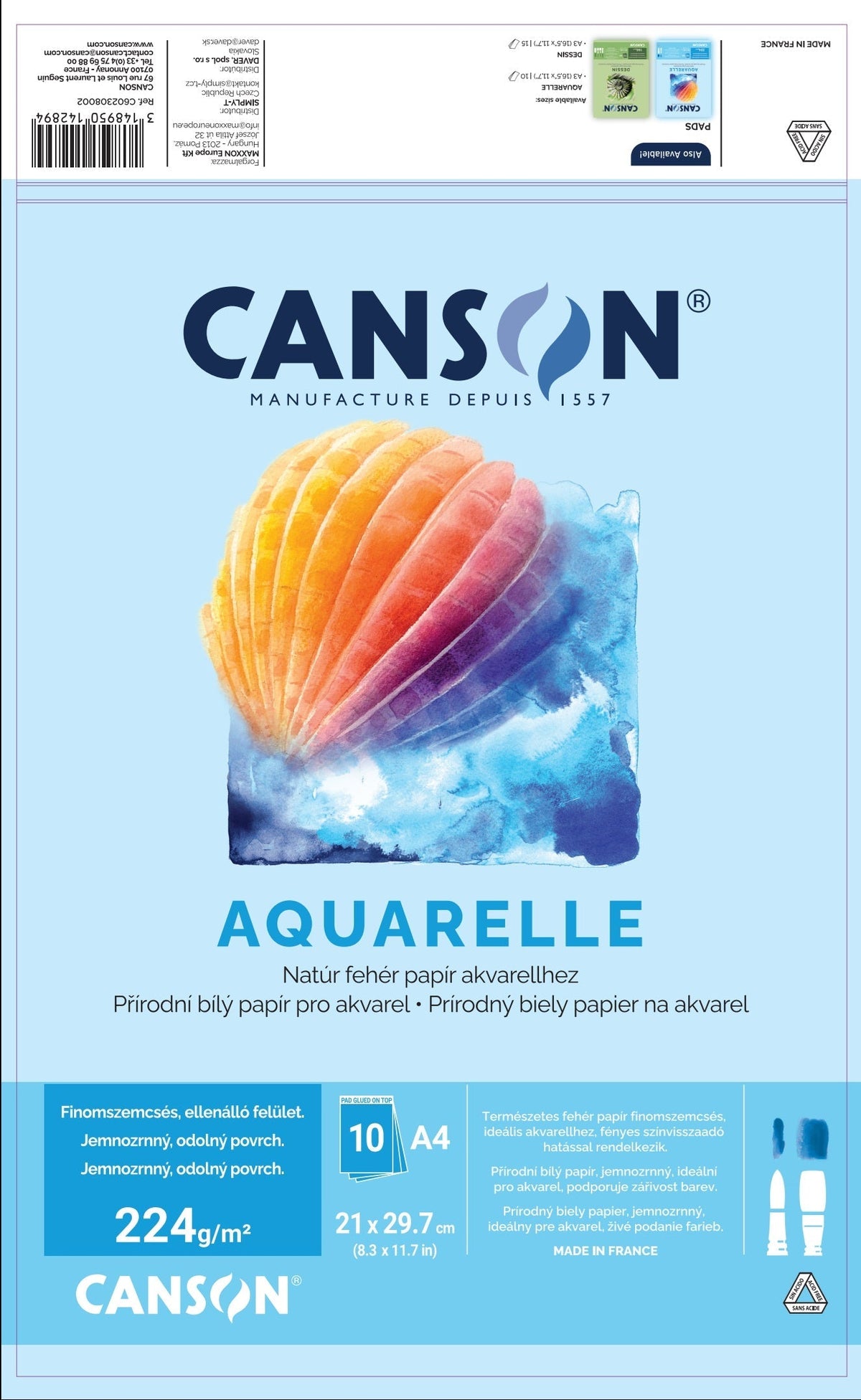 Canson Watercolor Pad CP 224 g/m², 10 Sheets, A4, Glued