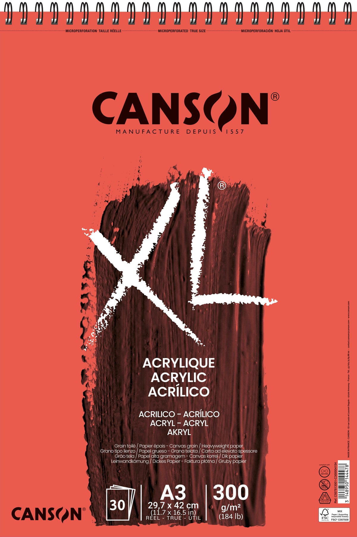 Canson XL Acrylic Pad, 300 g, 30 Sheets, A3, Spiral Bound
